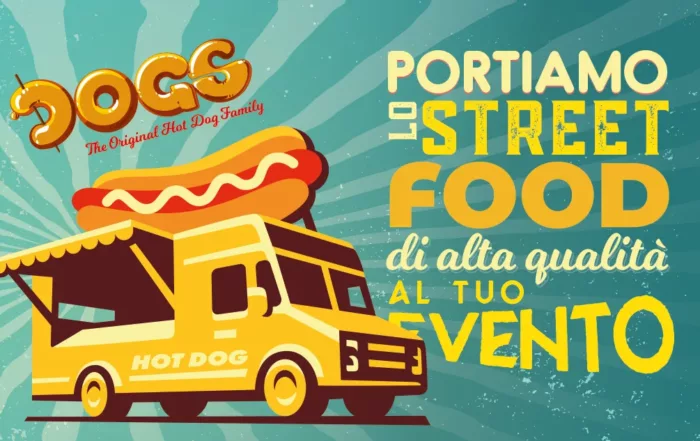 Il disegno di uno street food truck con un hot dog sul tetto e il testo: portiamo lo street food al tuo evento